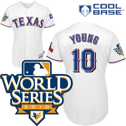 Rangers #10 Michael Young White Cool Base w/2010 World Series Patch Stitched MLB Jersey