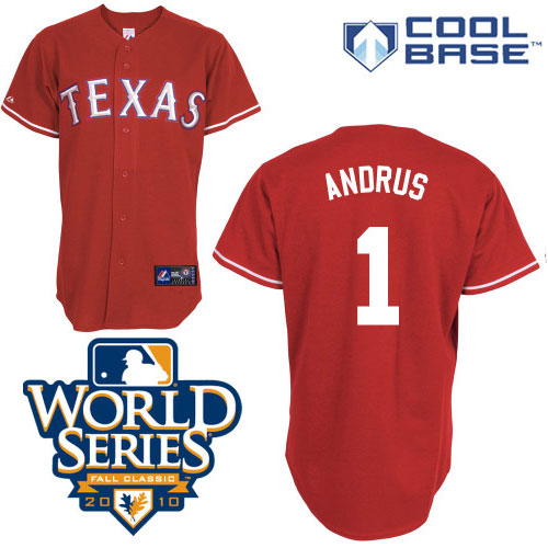 Rangers #1 Elvis Andrus Red Cool Base w/2010 World Series Patch Stitched MLB Jersey