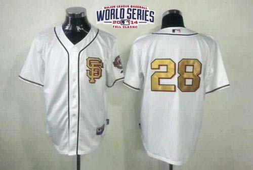 Giants #28 Buster Posey Cream Gold No. W/2014 World Series Patch Stitched MLB Jersey