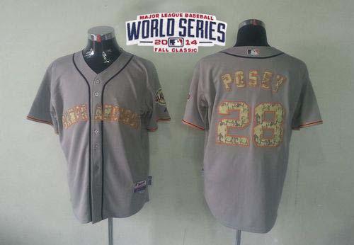 Giants #28 Buster Posey Grey USMC Cool Base W/2014 World Series Patch Stitched MLB Jersey