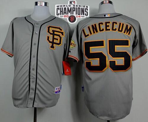 Giants #55 Tim Lincecum Grey Road 2 W/2014 World Series Champions Patch Stitched MLB Jersey