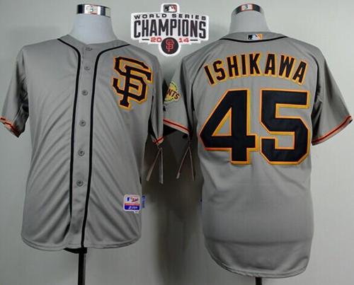 Giants #45 Travis Ishikawa Grey Road 2 Cool Base W/2014 World Series Champions Patch Stitched MLB Jersey