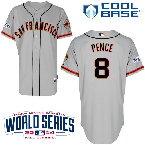 Giants #8 Hunter Pence Grey Road Cool Base W/2014 World Series Patch Stitched MLB Jersey