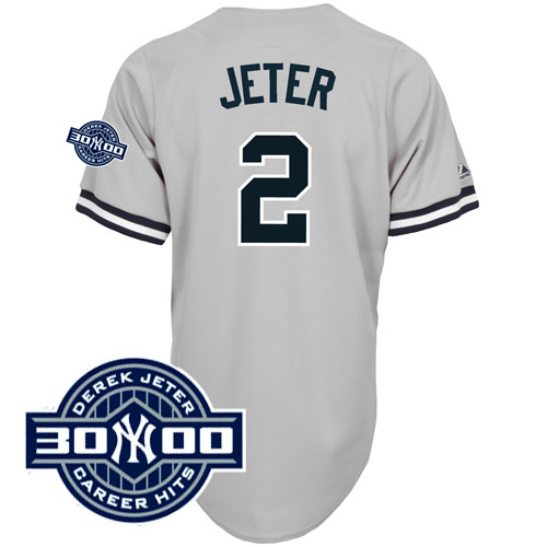 Yankees #2 Derek Jeter Grey W/3000 Hits Patch Stitched MLB Jersey