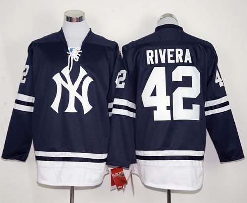 Yankees #42 Mariano Rivera Navy Blue Long Sleeve Stitched MLB Jersey