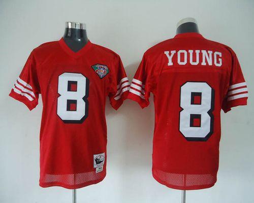Mitchell And Ness 75TH 49ers #8 Steve Young Red Stitched Throwback NFL Jersey