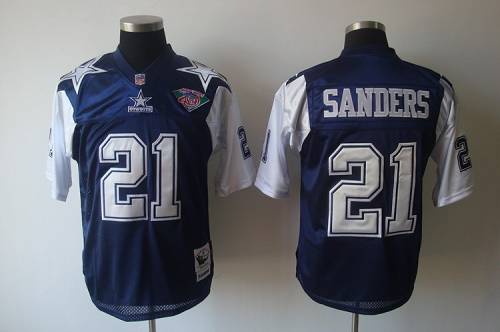 Mitchell & Ness Cowboys #21 Deion Sanders Blue/White With 75TH Stitched Throwback NFL Jersey