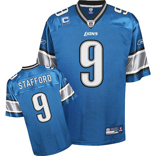 Lions #9 Matthew Stafford Blue With C Patch Stitched NFL Jersey