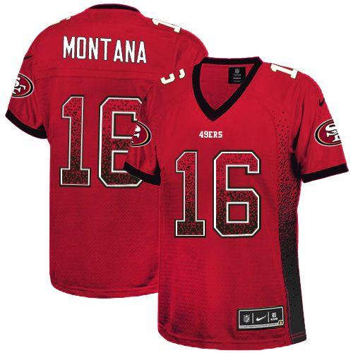  49ers #16 Joe Montana Red Team Color Women's Stitched NFL Elite Drift Fashion Jersey