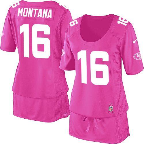 49ers #16 Joe Montana Pink Women's Breast Cancer Awareness Stitched NFL Elite Jersey