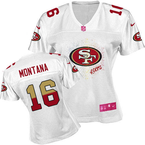  49ers #16 Joe Montana White Women's Fem Fan NFL Game Jersey