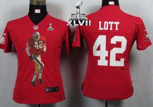  49ers #42 Ronnie Lott Red Team Color Super Bowl XLVII Women's Portrait Fashion NFL Game Jersey