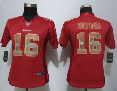  49ers #16 Joe Montana Red Team Color Women's Stitched NFL Elite Strobe Jersey