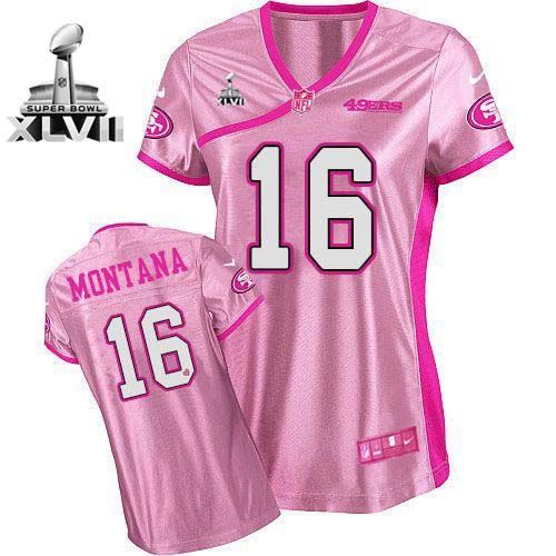  49ers #16 Joe Montana Pink Super Bowl XLVII Women's Be Luv'd Stitched NFL Elite Jersey