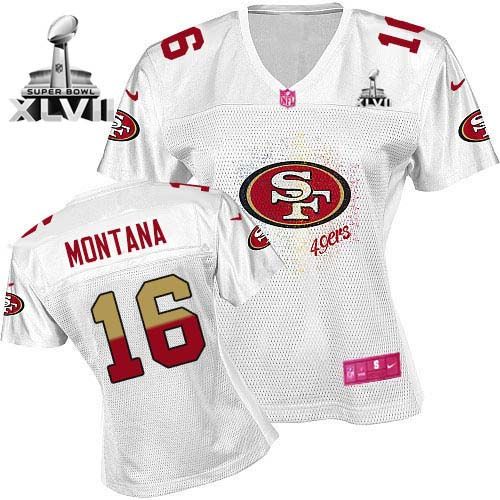  49ers #16 Joe Montana White Super Bowl XLVII Women's Fem Fan NFL Game Jersey