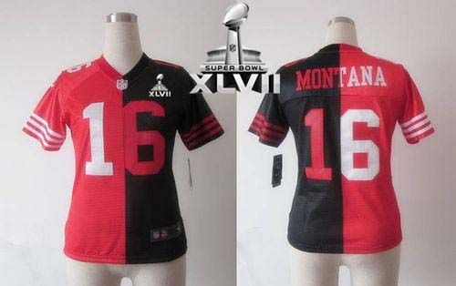  49ers #16 Joe Montana Black/Red Super Bowl XLVII Women's Stitched NFL Elite Split Jersey