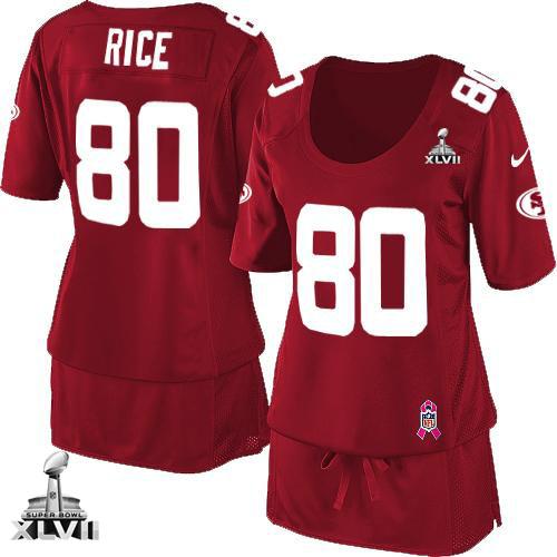  49ers #80 Jerry Rice Red Team Color Super Bowl XLVII Women's Breast Cancer Awareness Stitched NFL Elite Jersey