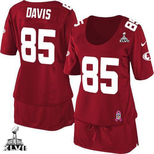  49ers #85 Vernon Davis Red Team Color Super Bowl XLVII Women's Breast Cancer Awareness Stitched NFL Elite Jersey