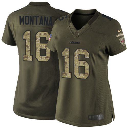  49ers #16 Joe Montana Green Women's Stitched NFL Limited Salute to Service Jersey