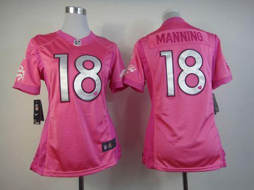  Broncos #18 Peyton Manning Pink Women's Be Luv'd Stitched NFL Elite Jersey
