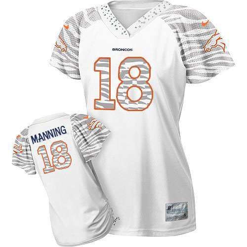  Broncos #18 Peyton Manning White Women's Zebra Field Flirt Stitched NFL Elite Jersey