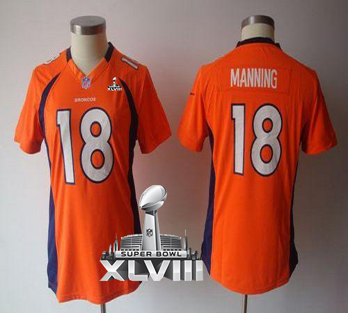  Broncos #18 Peyton Manning Orange Team Color Super Bowl XLVIII Women's NFL Game Jersey