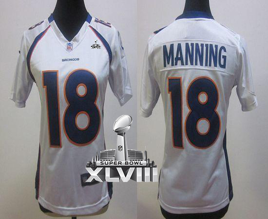  Broncos #18 Peyton Manning White Super Bowl XLVIII Women's Stitched NFL Elite Jersey