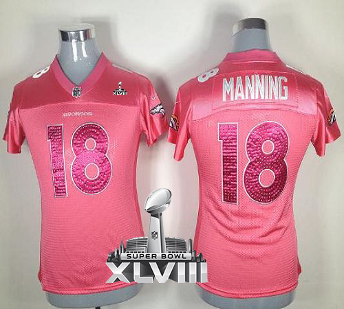  Broncos #18 Peyton Manning Pink Sweetheart Super Bowl XLVIII Women's Stitched NFL Elite Jersey