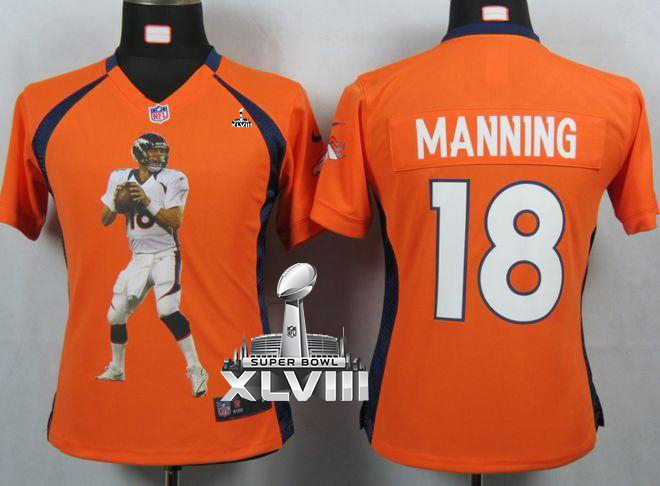 Broncos #18 Peyton Manning Orange Team Color Super Bowl XLVIII Women's Portrait Fashion NFL Game Jersey