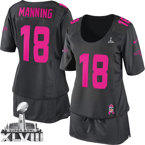  Broncos #18 Peyton Manning Dark Grey Super Bowl XLVIII Women's Breast Cancer Awareness Stitched NFL Elite Jersey