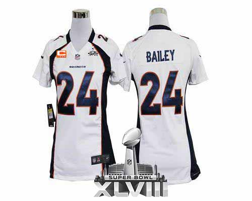  Broncos #24 Champ Bailey White With C Patch Super Bowl XLVIII Women's Stitched NFL Elite Jersey