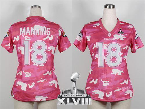  Broncos #18 Peyton Manning Pink Super Bowl XLVIII Women's Stitched NFL Elite Camo Fashion Jersey