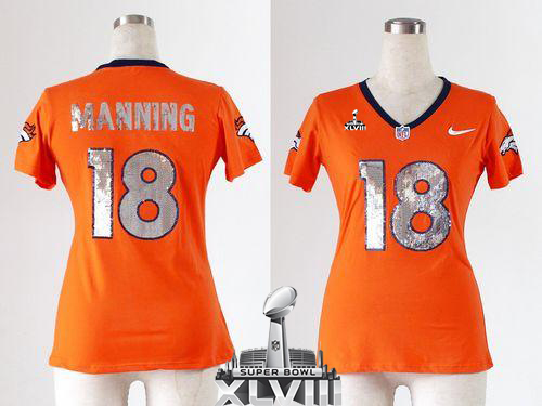  Broncos #18 Peyton Manning Orange Team Color Handwork Sequin Lettering Super Bowl XLVIII Women's Stitched NFL Elite Jersey