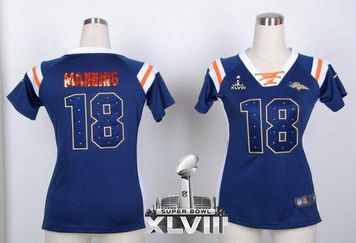  Broncos #18 Peyton Manning Navy Blue Super Bowl XLVIII Women's Stitched NFL Elite Draft Him Shimmer Jersey