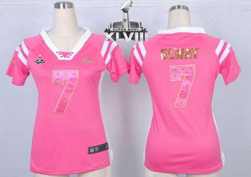  Broncos #7 John Elway Pink Super Bowl XLVIII Women's Stitched NFL Elite Draft Him Shimmer Jersey