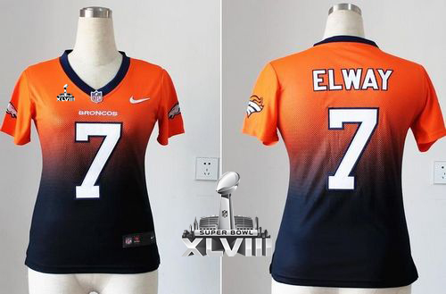  Broncos #7 John Elway Orange/Blue Super Bowl XLVIII Women's Stitched NFL Elite Fadeaway Fashion Jersey