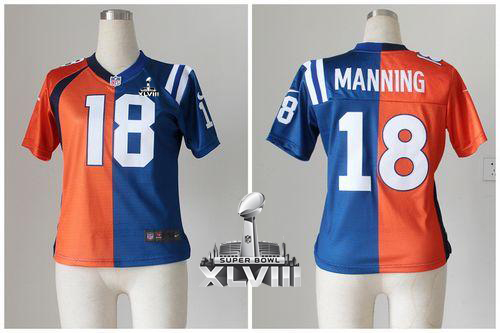 Broncos #18 Peyton Manning Orange/Blue Super Bowl XLVIII Women's Stitched NFL Elite Split Colts Jersey