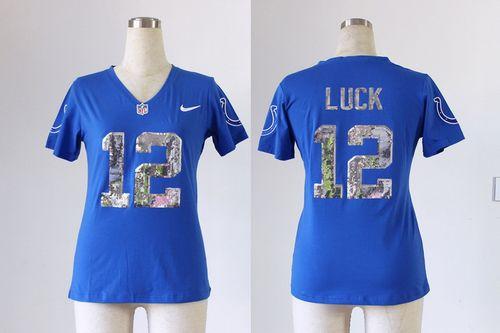  Colts #12 Andrew Luck Royal Blue Team Color Handwork Sequin Lettering Women's Stitched NFL Elite Jersey