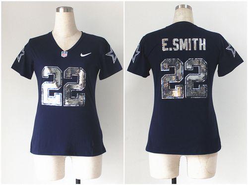  Cowboys #22 Emmitt Smith Navy Blue Women's Stitched NFL Elite Handwork Sequin Lettering Jersey