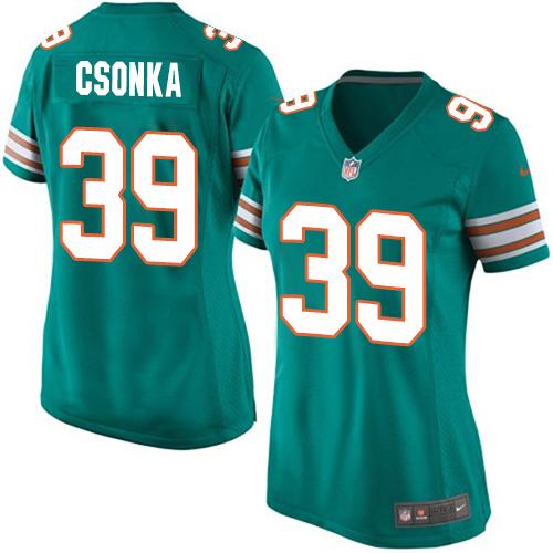  Dolphins #39 Larry Csonka Aqua Green Alternate Women's Stitched NFL Elite Jersey
