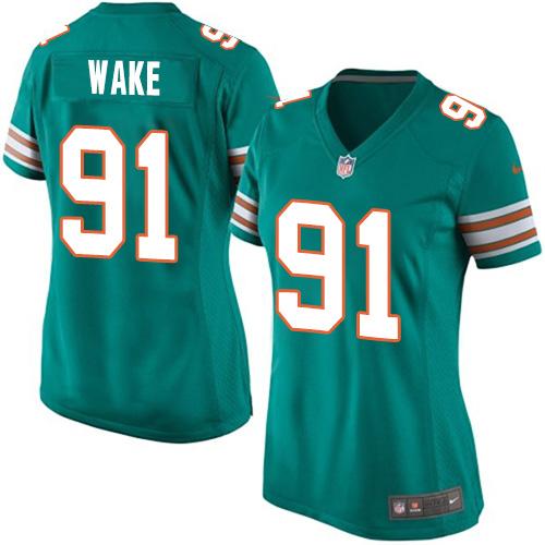  Dolphins #91 Cameron Wake Aqua Green Alternate Women's Stitched NFL Elite Jersey