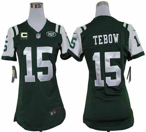  Jets #15 Tim Tebow Green Team Color With C Patch Women's Stitched NFL Elite Jersey