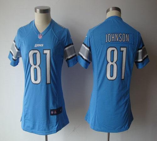  Lions #81 Calvin Johnson Light Blue Team Color Women's NFL Game Jersey
