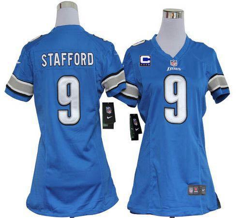  Lions #9 Matthew Stafford Light Blue Team Color With C Patch Women's Stitched NFL Elite Jersey