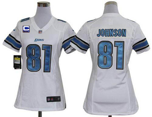  Lions #81 Calvin Johnson White With C Patch Women's Stitched NFL Elite Jersey