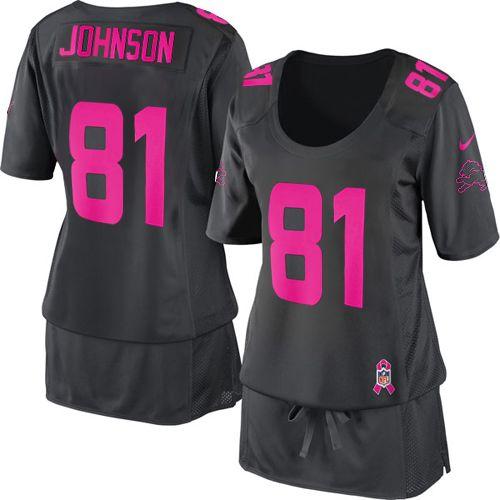  Lions #81 Calvin Johnson Dark Grey Women's Breast Cancer Awareness Stitched NFL Elite Jersey