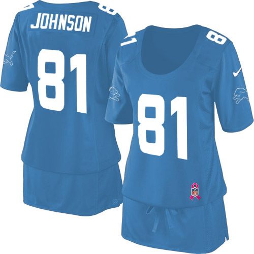  Lions #81 Calvin Johnson Light Blue Team Color Women's Breast Cancer Awareness Stitched NFL Elite Jersey