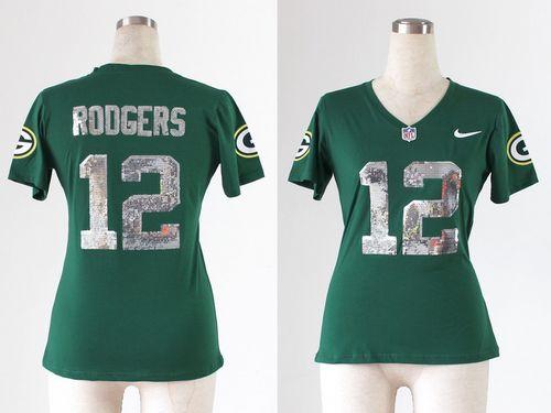  Packers #12 Aaron Rodgers Green Team Color Handwork Sequin Lettering Women's Stitched NFL Elite Jersey