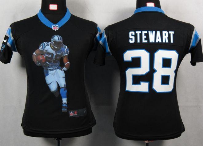  Panthers #28 Jonathan Stewart Black Team Color Women's Portrait Fashion NFL Game Jersey