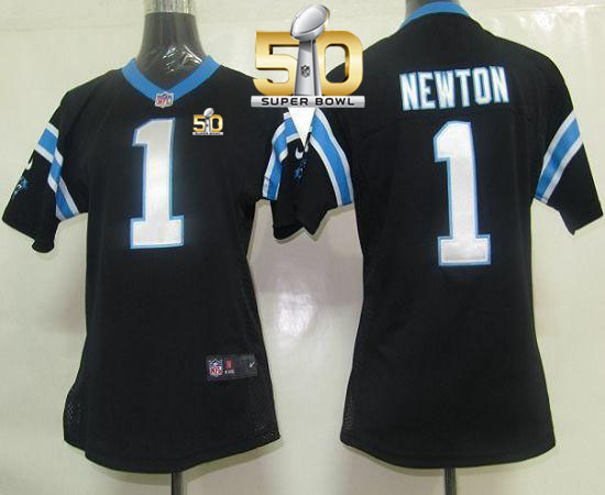  Panthers #1 Cam Newton Black Team Color Super Bowl 50 Women's Stitched NFL Elite Jersey